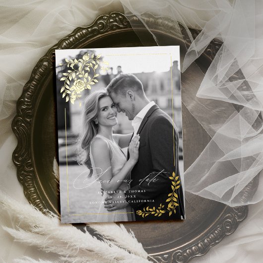 Vergulde Rozen Formele Fotobruiloft Save the Date Folie Uitnodiging