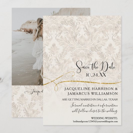 Vergulde Scroll Damast Ivoorgoud Save the Date (Voorkant / Achterkant)