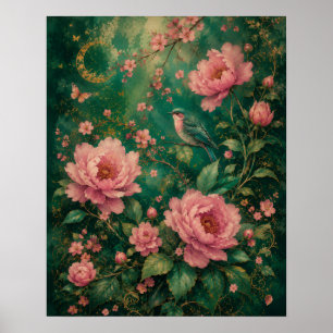VERGULDE SMARAGDEN TUIN KOLIBRIE ROZEN II POSTER
