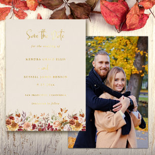 Vergulde Terracotta Bloemige Save the Date herfst Folie Uitnodiging