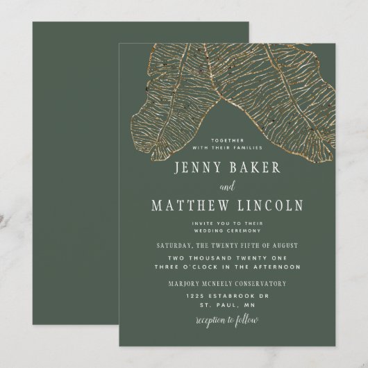 Vergulde Tropics Gouden Groene Bladeren Huwelijk Kaart (Voorkant / Achterkant)