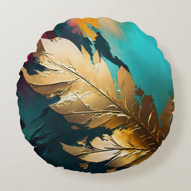 Vergulde Veer – Luxe Abstracte Elegantie Rond Kussen (Voorkant)