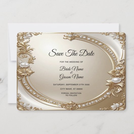 Vergulde Versierde Lijst met Parels Save The Date (Voorkant)