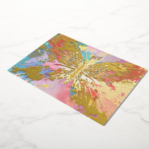 vergulde vlinder, gouden folie, paarse roze blauwe folie feestdagenkaart