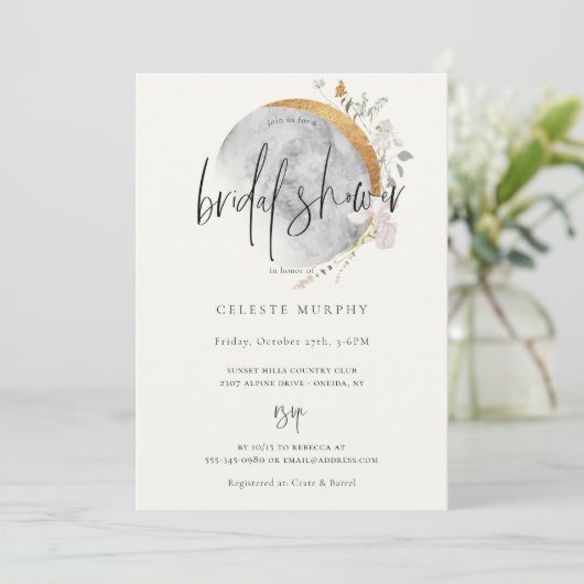 Vergulde Wildflower Maan Bruidsdouche Uitnodiging (Staand voorkant)