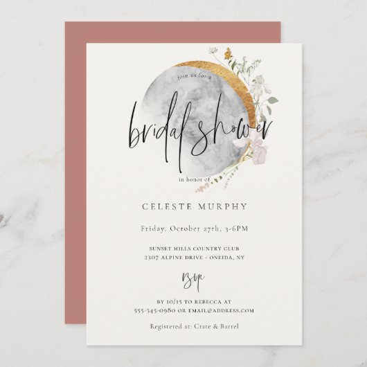 Vergulde Wildflower Maan Bruidsdouche Uitnodiging (Voorkant / Achterkant)