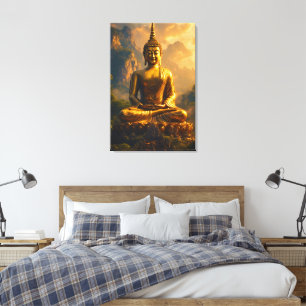 Vergulde zittende Boeddha onder een zonsondergangs Canvas Afdruk