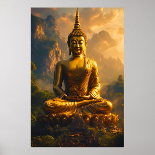 Vergulde zittende Boeddha onder een zonsondergangs Poster