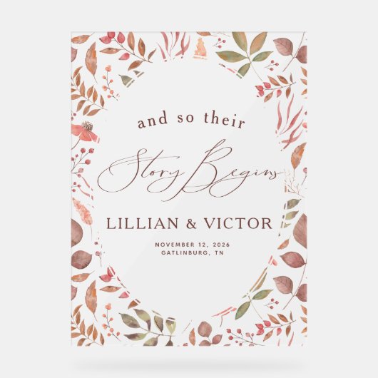 verhaal begint herfst bladeren bruiloft welkom acryl bord (Voorkant)