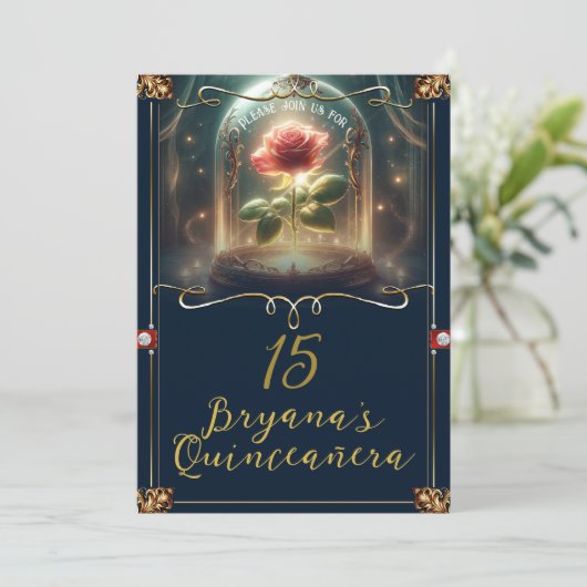 Verhaal zo oud als Time Enchanted Roos Quinceañera Kaart (Staand voorkant)