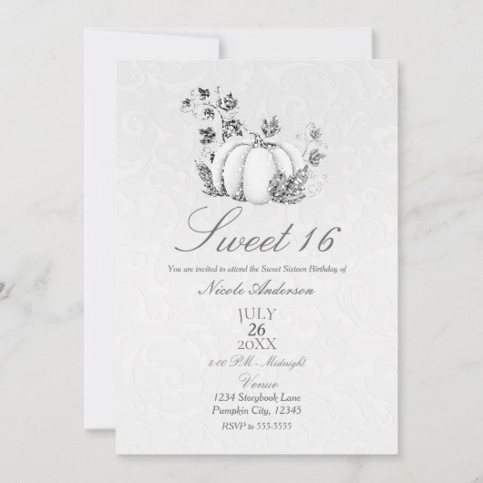 Verhaalboek Zilver Witte Pompoen Sprookje Sweet 16 Kaart (Voorkant)