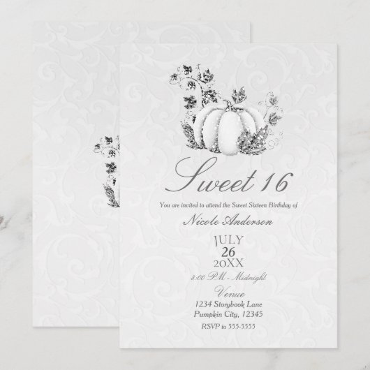 Verhaalboek Zilver Witte Pompoen Sprookje Sweet 16 Kaart (Voorkant / Achterkant)