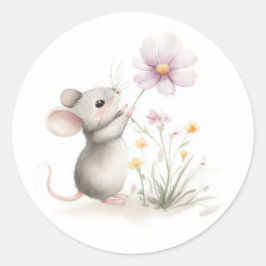 Verhaalmuis plukt roze wilde bloem ronde sticker