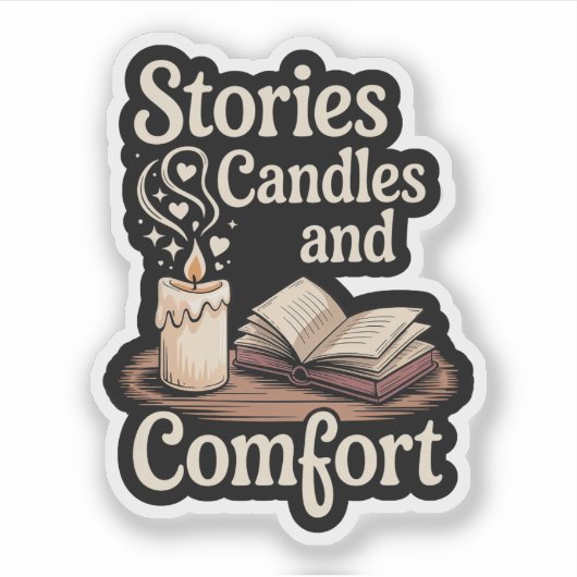 Verhalen, kaarsen en comfort — gezellig lezen sticker (Voorkant)