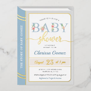 Verhalenboek bibliotheek baby jongen shower blauwe folie uitnodiging