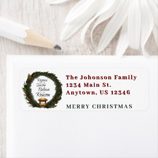 Verheug je en geloof de geboorte etiket (Insitu)