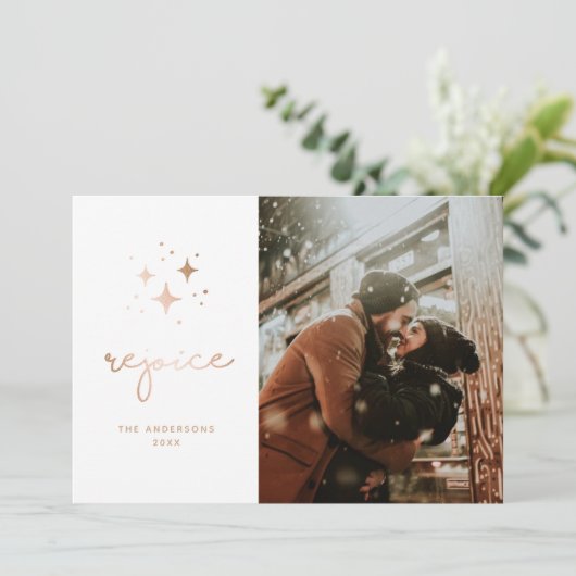 Verheug je. Goud religieus kerstscript foto Hol Feestdagenkaart (Staand voorkant)