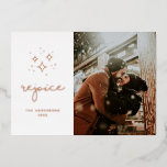 Verheug je. Gouden sterren / Religieuze kerstfoto Folie Feestdagenkaart<br><div class="desc">Gouden religieuze kerstfotokaart "Verheug je".</div>