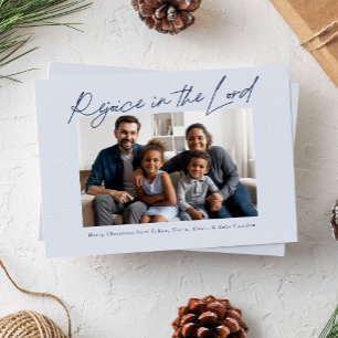 Verheug je in de Heer Handgeschreven Kerst Blauw Feestdagenkaart
