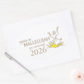 Verheug je in hallelujah we overleefden 2026 ovale sticker (Envelop)
