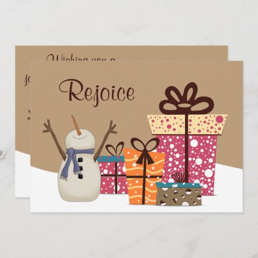 Verheug je - Schattigee sneeuwman met kerstcadeaus Feestdagenkaart (Voorkant / Achterkant)