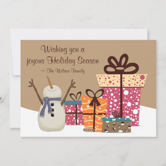 Verheug je - Schattigee sneeuwman met kerstcadeaus Feestdagenkaart (Achterkant)