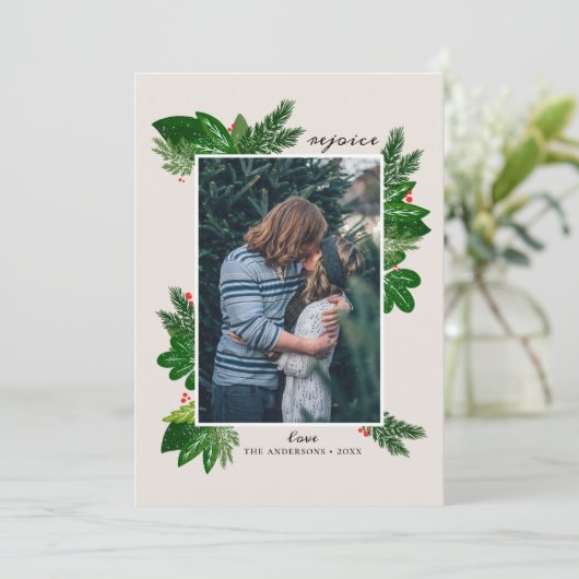 Verheug je. Winter bloemendennen / Religieuze Kers Feestdagenkaart (Staand voorkant)