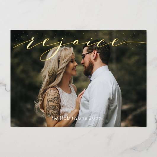 Verheug Moderne Foto Vakantie Script Folie Feestdagenkaart (Voorkant)