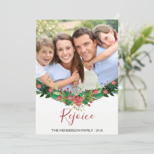 Verheug u - Christmas Garland Script Photo Card Feestdagenkaart (Staand voorkant)