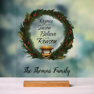 Verheug u en geloof kerststal gepersonaliseerd acryl bord