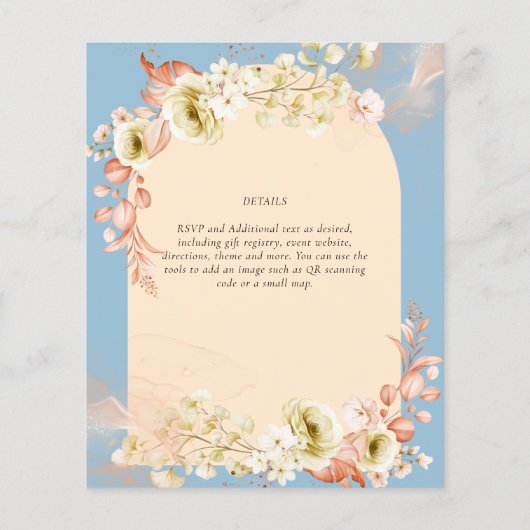 Verheven Stof Blauw Perzik Bruiloft Flyer (Achterkant)