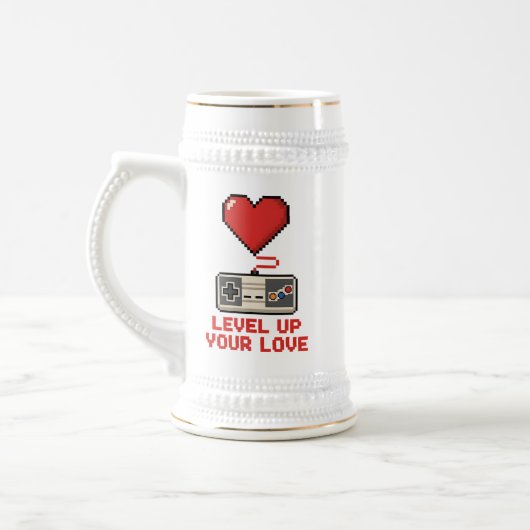 Verhoog Je Liefde, Retro Pixel Gaming Design Bierpul (Links)