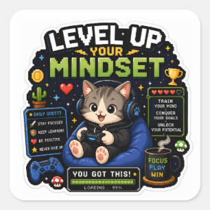 Verhoog Je Mentaliteit – Pixel Gamer Kat Vierkante Sticker