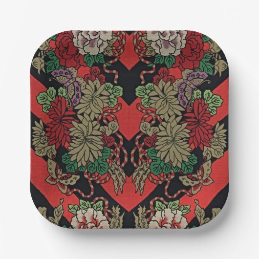 Verhoog je momenten: Rood Japans Bloemen Papieren Bordje (Voorkant)