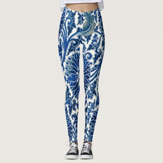 Verhoog uw stijl: Blauw Bloemen & Chinees Ornament Leggings (Voorkant)