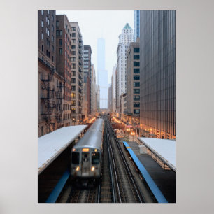 Verhoogde spoorweg in het centrum van Chicago over Poster