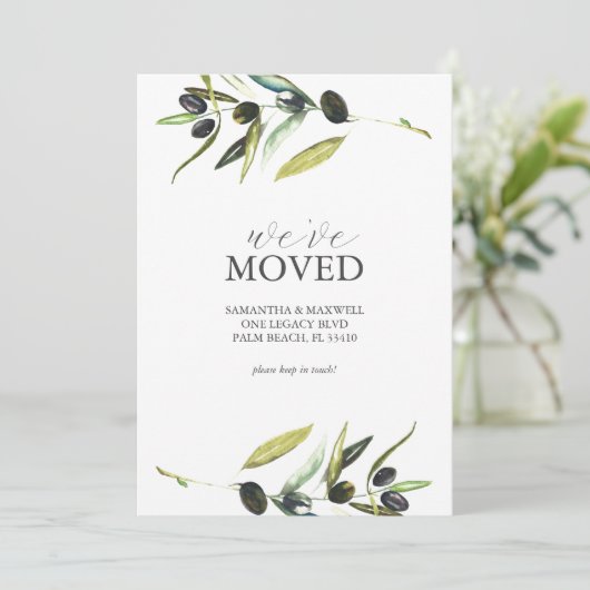 Verhuisaankondiging Kaarten Waterverf Olijftak (Staand voorkant)