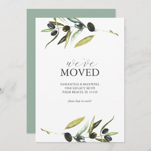 Verhuisaankondiging Kaarten Waterverf Olijftak (Voorkant / Achterkant)
