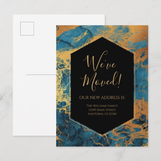 Verhuisbericht Blauw Goud Marmer Inkt Modern Briefkaart (Voorkant / Achterkant)