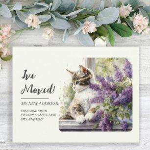 Verhuisbericht Kat Raam Lavendel Bloemen Briefkaart