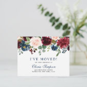 Verhuisbericht met Bloemen in Burgundy Navy Blush Briefkaart (Staand voorkant)
