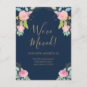 Verhuisbericht Navy Blauwe Roze Bloemen Briefkaart