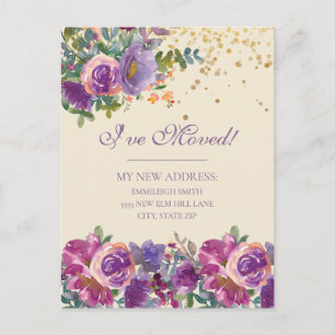 Verhuisbericht Paarse Roze Bloemen Glitter Briefkaart