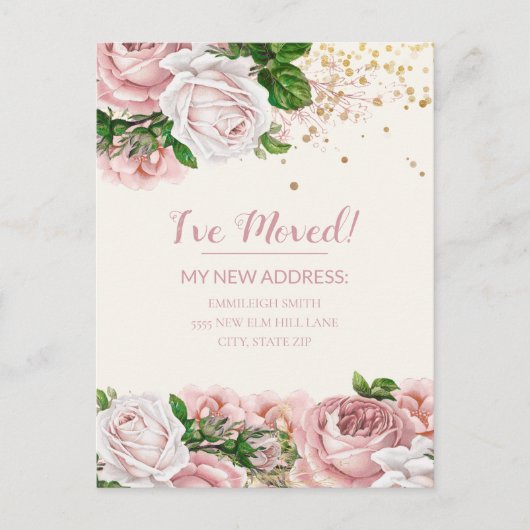 Verhuisbericht Roze Vintage Bloem Glitter Briefkaart (Voorkant)