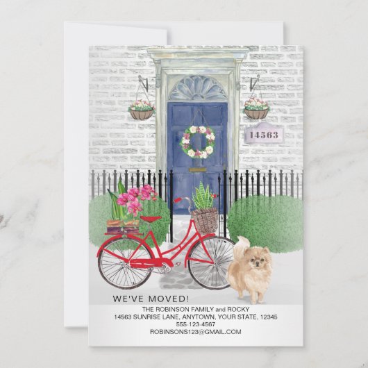 Verhuisde hond pomeranian fiets blauwe deur nieuw  aankondiging (Voorkant)