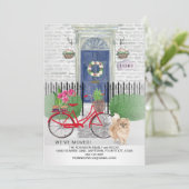 Verhuisde hond pomeranian fiets blauwe deur nieuw  aankondiging (Staand voorkant)