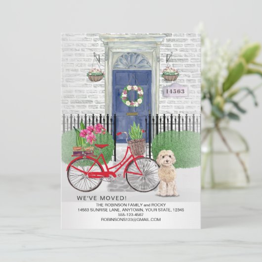 Verhuizen Champagne Cockapoo Fietsdeur Nieuw Huis Aankondiging (Staand voorkant)