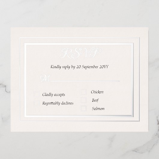 Verijdelde RSVP-omheiningskaart met menuoptie Folie Uitnodiging Briefkaart (Voorkant)