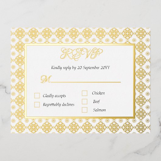 Verijdelde RSVP-omheiningskaart met menuoptie Folie Uitnodiging Briefkaart (Voorkant)