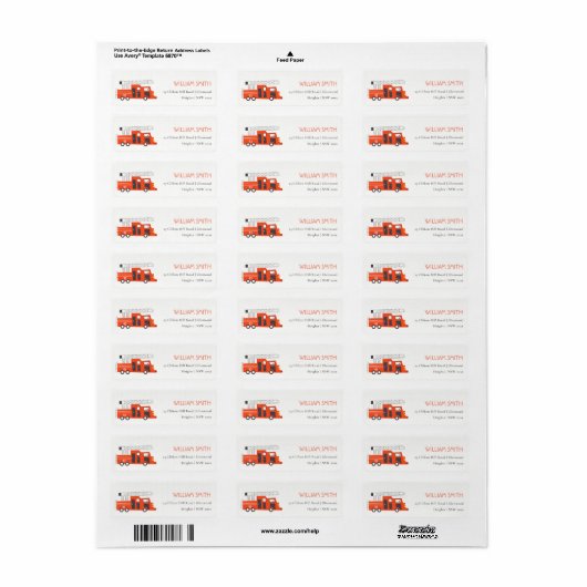 Verjaaradres van Cute Red Firetruck Engine Kindere Etiket (Full Sheet)